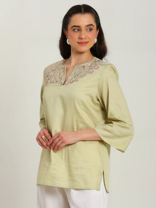 Jade Blossom Embroidered French lace cotton  shirt
