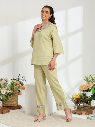 Jade Blossom Embroidered French lace cotton  co-ord set