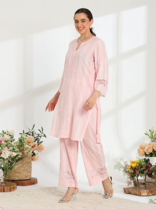 Silvaire Rose Hand Embroidered French lace  cotton lurex Kurta set
