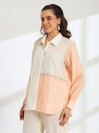 Floréa Peach Hand Embroidered French lace Silk Linen Co-ord Set