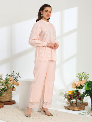 Elan Pink  Hand Embroidered French Lace Silk Cotton Co-ord Set
