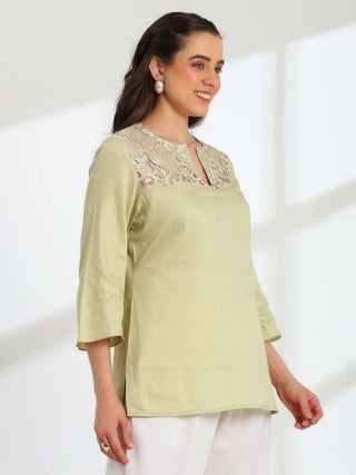 Jade Blossom Embroidered French lace cotton  shirt