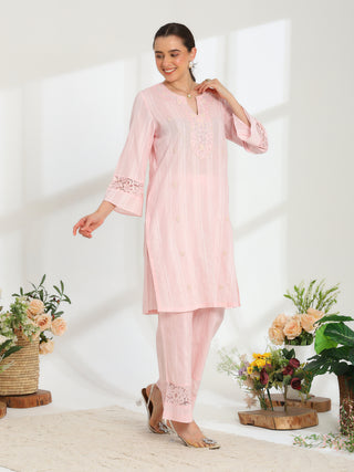Silvaire Rose Hand Embroidered French lace  cotton lurex Kurta set