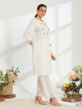 Lumiere Ivory Hand Embroidered French lace cotton dobby Kurta set