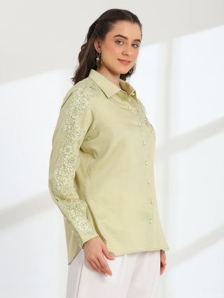 Soft Fern Hand Embroidered French lace Glazed Cotton Shirt