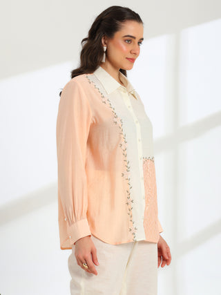 Floréa Peach Hand Embroidered French lace Silk Linen Co-ord Set