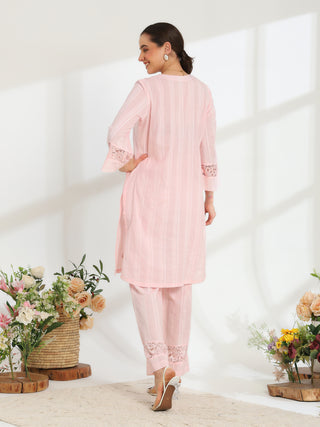 Silvaire Rose Hand Embroidered French lace  cotton lurex Kurta set