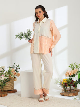Floréa Peach Hand Embroidered French lace Silk Linen Co-ord Set