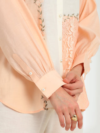 Floréa Peach Hand Embroidered French lace Silk Linen Co-ord Set