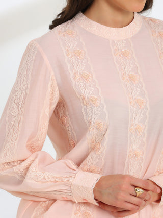 Elan Pink  Hand Embroidered French Lace Silk Cotton Co-ord Set