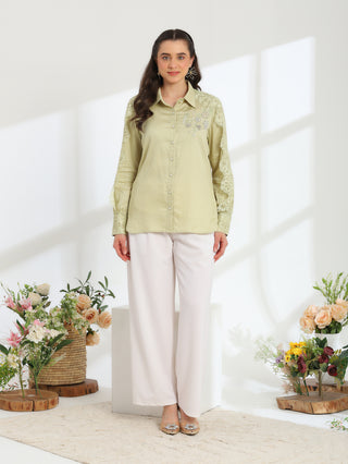Soft Fern Hand Embroidered French lace Glazed Cotton Shirt