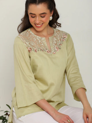 Jade Blossom Embroidered French lace cotton  shirt