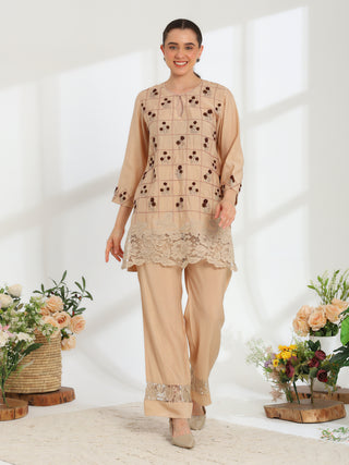 Auré Beige Hand Embroidered French lace Silk cotton Kurta set