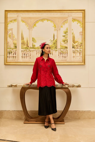 Crimson Bloom Red Hand Embroidered French Lace Habotai Silk Shirt