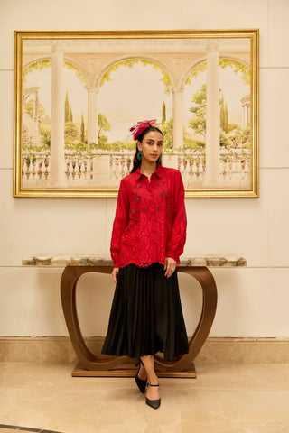 Crimson Bloom Red Hand Embroidered French Lace Habotai Silk Shirt