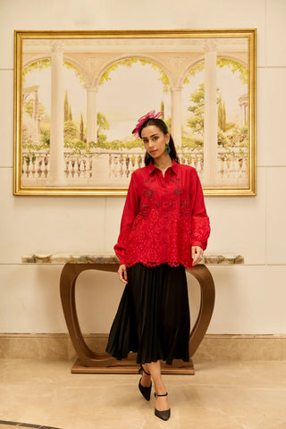 Crimson Bloom Red Hand Embroidered French Lace Habotai Silk Shirt