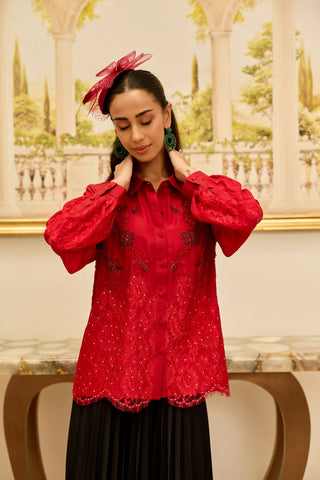 Crimson Bloom Red Hand Embroidered French Lace Habotai Silk Shirt
