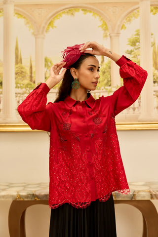 Crimson Bloom Red Hand Embroidered French Lace Habotai Silk Shirt