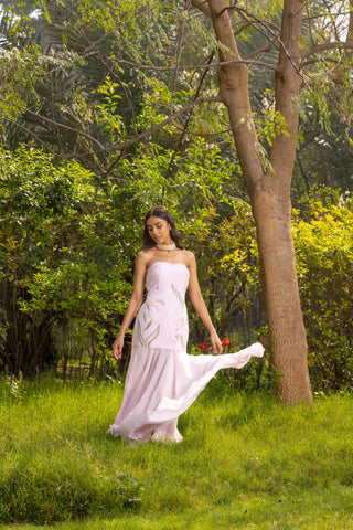 Wisteria Hand embroidered French lace Chiffon Silk long Dress