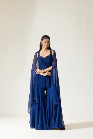 Sapphire Petal Hand embroidered French Lace Georgette Sharara set