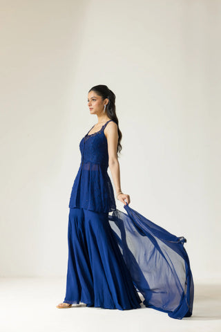 Sapphire Petal Hand embroidered French Lace Georgette Sharara set