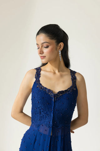 Sapphire Petal Hand embroidered French Lace Georgette Sharara set