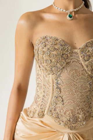 Ivoria Alouette Hand Embroidered French lace Silk Satin Corset set