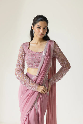 Lantana hand embroidered French lace Draped  Georgette Silk saree