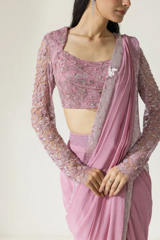 Lantana hand embroidered French lace Draped  Georgette Silk saree