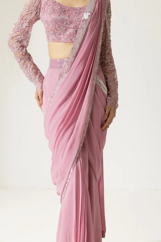 Lantana hand embroidered French lace Draped  Georgette Silk saree
