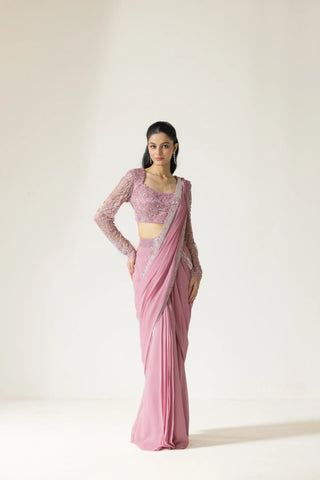 Lantana hand embroidered French lace Draped  Georgette Silk saree