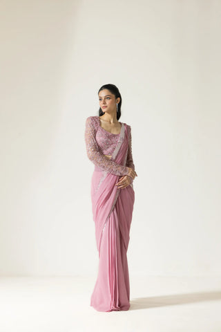 Lantana hand embroidered French lace Draped  Georgette Silk saree