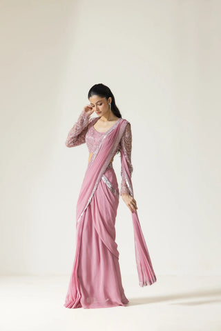 Lantana hand embroidered French lace Draped  Georgette Silk saree