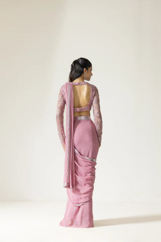 Lantana hand embroidered French lace Draped  Georgette Silk saree