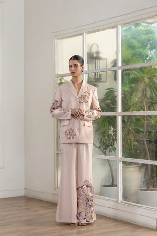 Dynastia Blush Pink Hand Embroided French Lace Dupion Silk Blazer Set