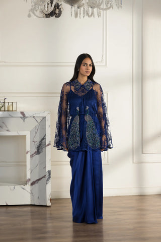 Coronelle Navy Blue Hand embroidered French Chantilly Lace Cape Co-ord Set
