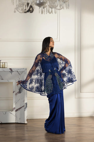 Coronelle Navy Blue Hand embroidered French Chantilly Lace Cape Co-ord Set