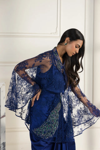 Coronelle Navy Blue Hand embroidered French Chantilly Lace Cape Co-ord Set