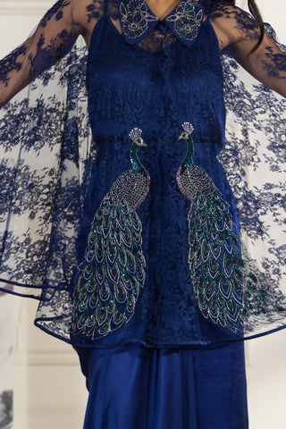 Coronelle Navy Blue Hand embroidered French Chantilly Lace Cape Co-ord Set