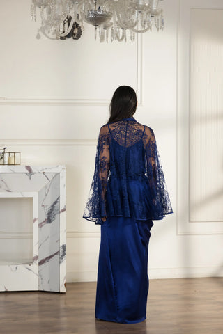 Coronelle Navy Blue Hand embroidered French Chantilly Lace Cape Co-ord Set