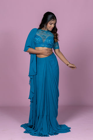 Teal ruffle saree