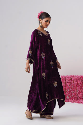 Deep Purple zardozi embroidered velvet kurta paired with velvet palazzo and embroidered tissue chanderi stripe dupatta