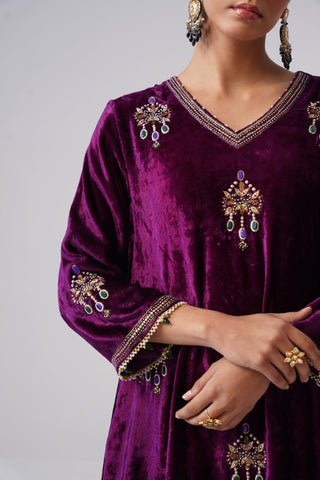 Deep Purple zardozi embroidered velvet kurta paired with velvet palazzo and embroidered tissue chanderi stripe dupatta