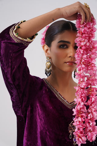 Deep Purple zardozi embroidered velvet kurta paired with velvet palazzo and embroidered tissue chanderi stripe dupatta
