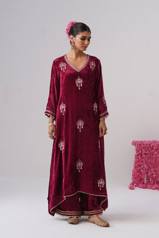 Wine zardozi embroidered velvet kurta paired with velvet palazzo and embroidered tissue chanderi stripe dupatta