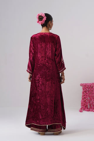 Wine zardozi embroidered velvet kurta paired with velvet palazzo and embroidered tissue chanderi stripe dupatta