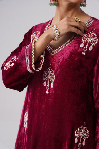 Wine zardozi embroidered velvet kurta paired with velvet palazzo and embroidered tissue chanderi stripe dupatta