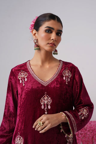 Wine zardozi embroidered velvet kurta paired with velvet palazzo and embroidered tissue chanderi stripe dupatta