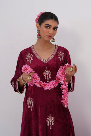 Wine zardozi embroidered velvet kurta paired with velvet palazzo and embroidered tissue chanderi stripe dupatta