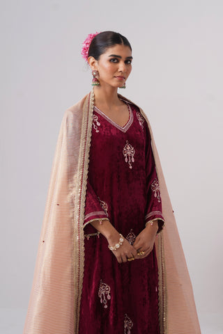 Wine zardozi embroidered velvet kurta paired with velvet palazzo and embroidered tissue chanderi stripe dupatta